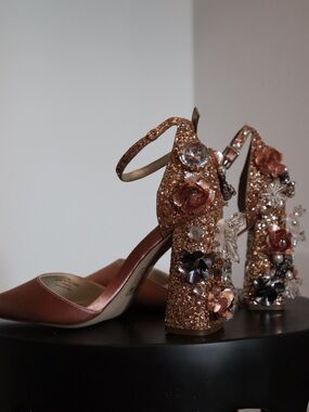 Embellished Rose Gold Block Heel Pumps with Ankle Strap